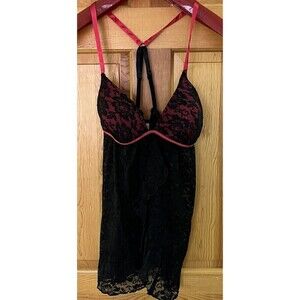 Secret Treasures Lace Lingerie M 8/10 Black Red Sleepwear Babydoll Corset Sheer